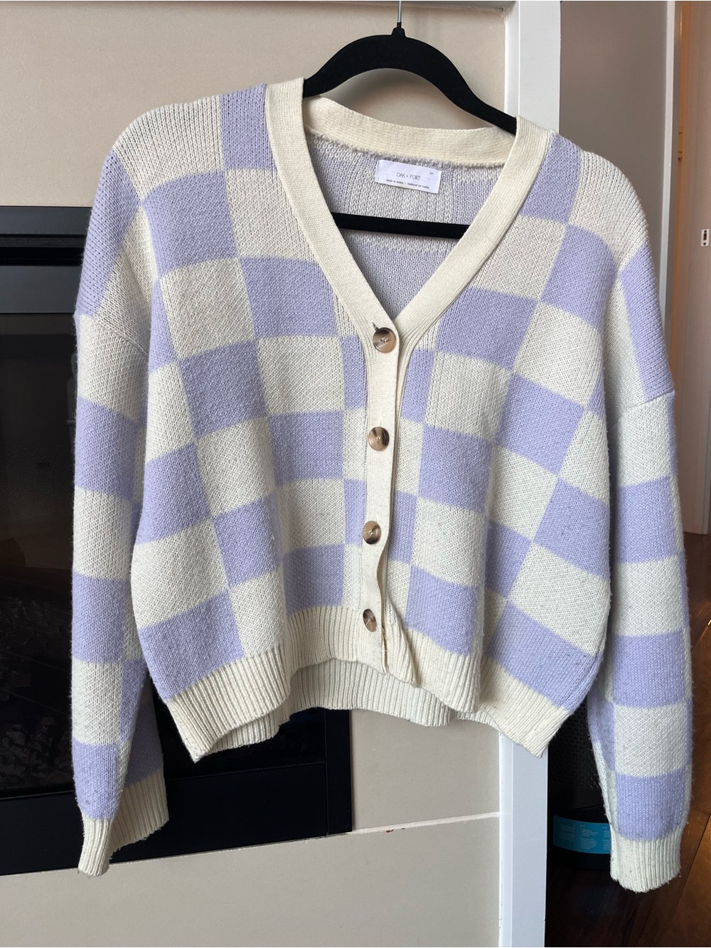 OAK + FORT Lavender and Cream Checkerboard V-Neck Cardigan